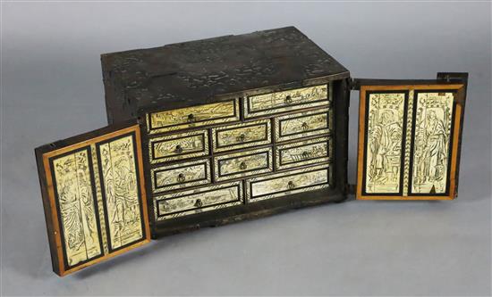 A late 19th century 17th century style German iron bound oak strong box, W.1ft 5.25in. D.1ft .25in. H.11.5in.